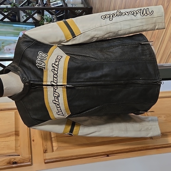 Harley-Davidson Leather Jacket Size 1W Unique Distressed Black Yellow Ivory - Picture 7 of 15